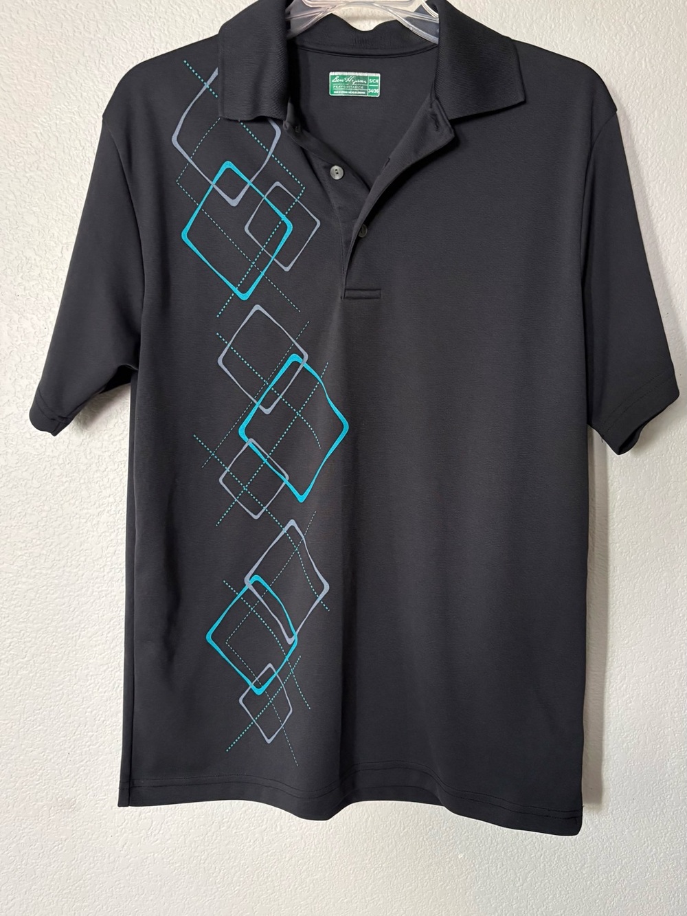 Men's Black Ben Hogan Polo Shirt with Teal Geometric Print Sz Small